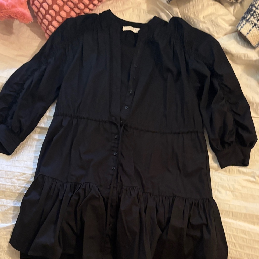 Astr Black Midi Dress with cinching detail on sleeves and Ruffle Hem